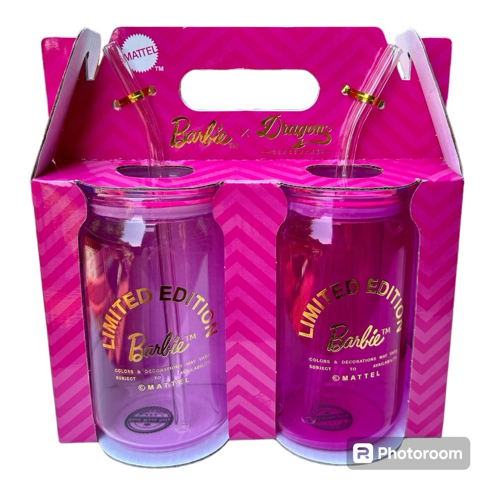 Barbie Collab  Pink Drink Glass Bamboo Lid Glass Straw Set x2 16 oz